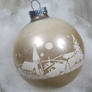 Shiny Brite Christmas Ornament Stencil Village Scene Church Tree Ivory Cream MCM